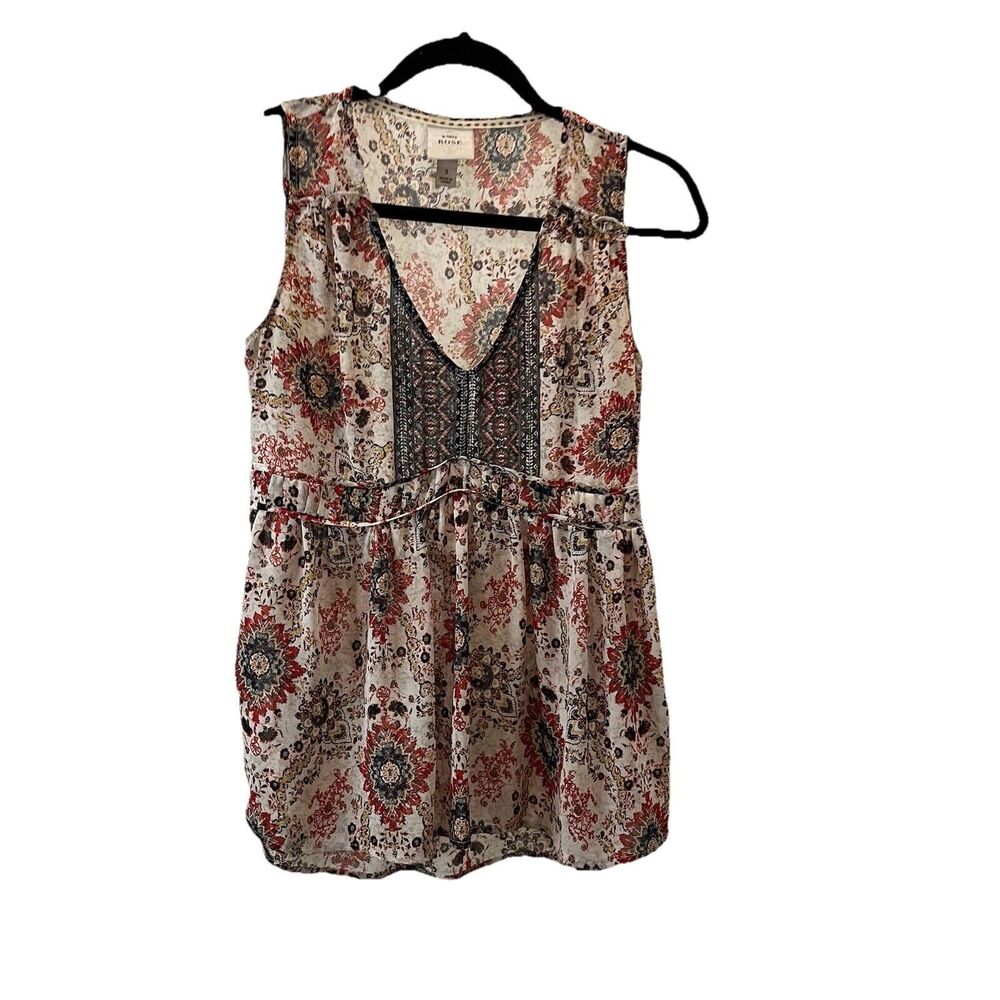 Knox Rose Floral Sheer Sleeveless Tan Red Boho Cottage Core Tank Top Size S